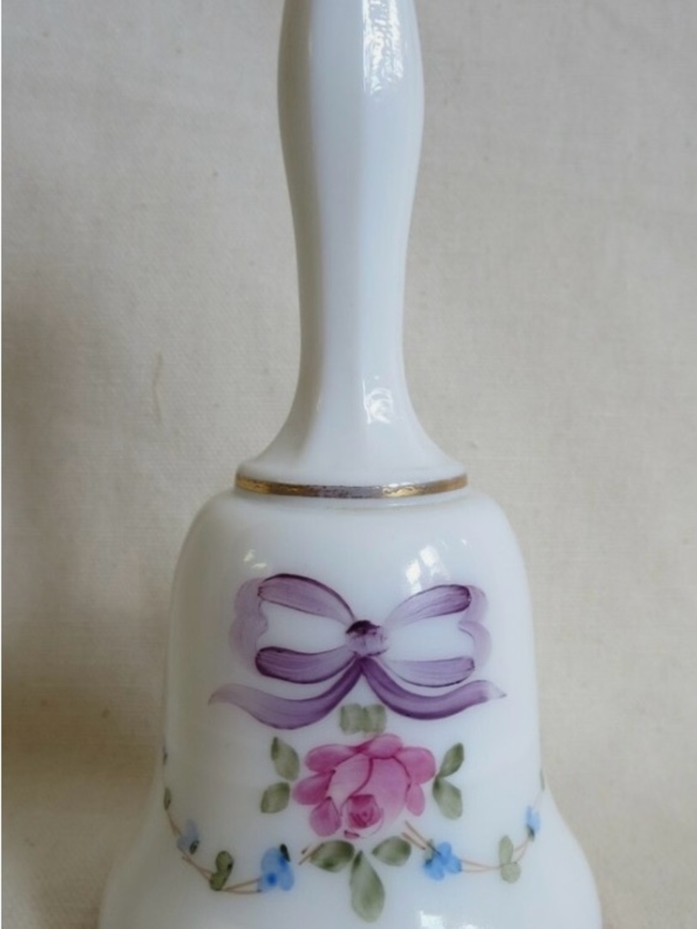Westmoreland White Porcelain Bell with Purple Bow and Pink Rose